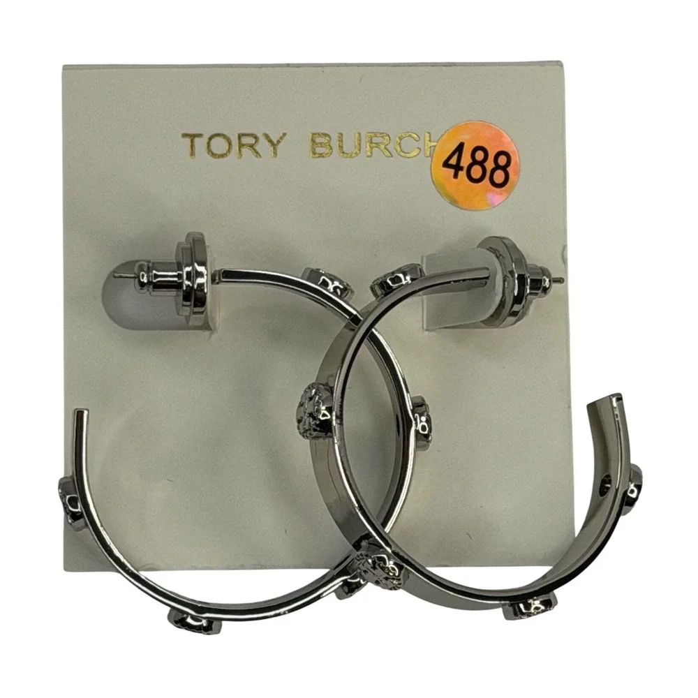 Tory Burch Miller‎ Stud Hoop Earrings Silver Tone Logo Double T Wide Band NWT